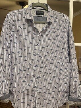 $58 Blue And White Striped Dragon Fly Denim And Flower 100% Cotton Shirt Large